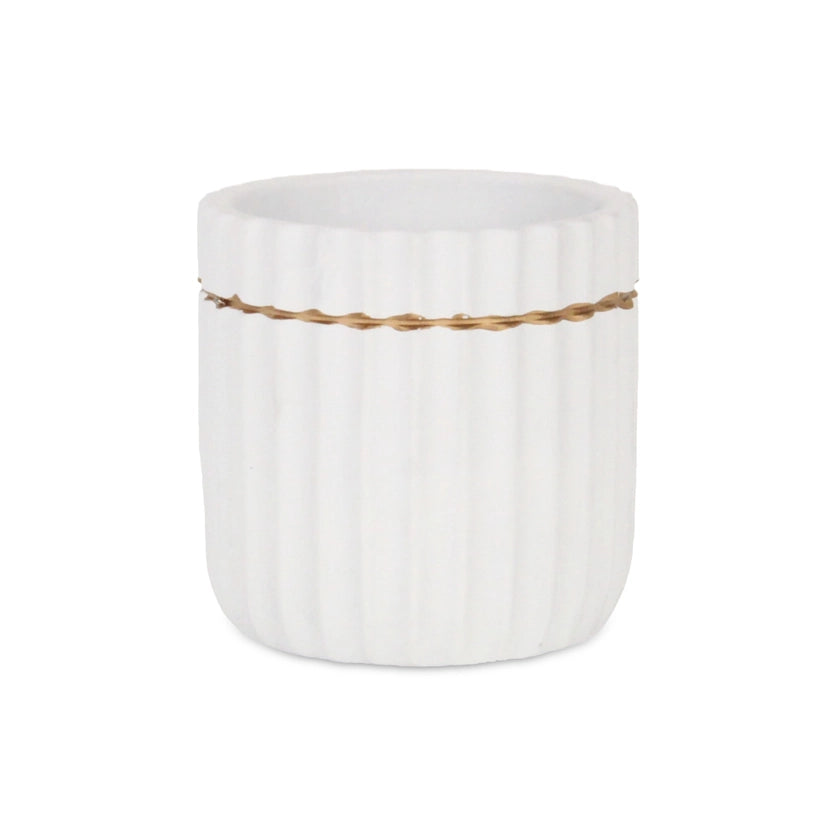 Medium Aurine Round Gold Trimmed Ridged Ceramic Pot - White