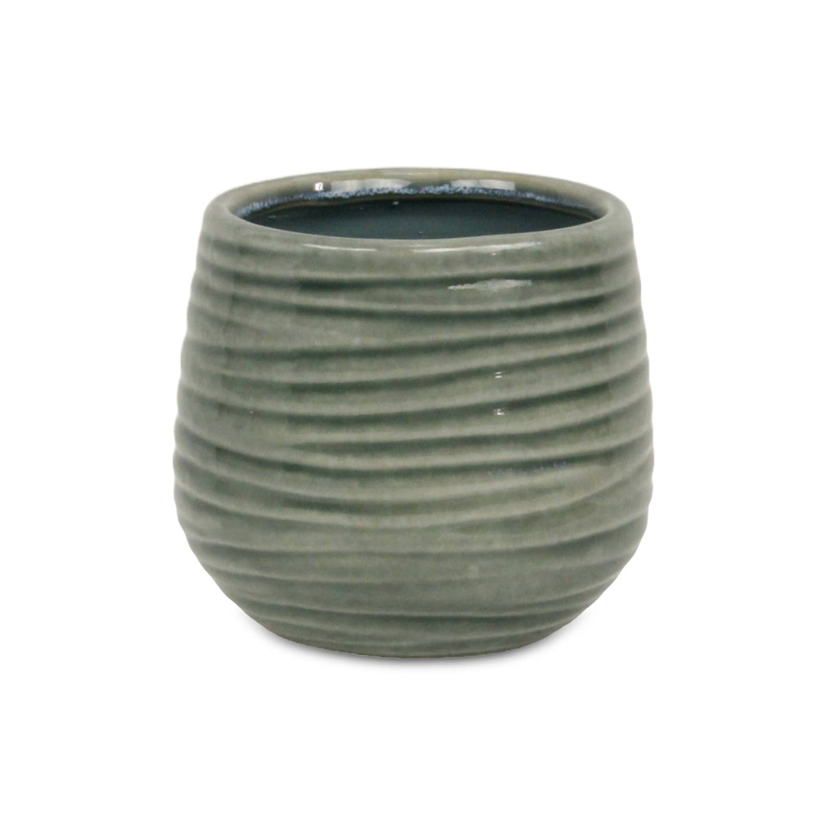 Medium Fairloam Round Curved Wave Lined Pattern Ceramic Pot - Green
