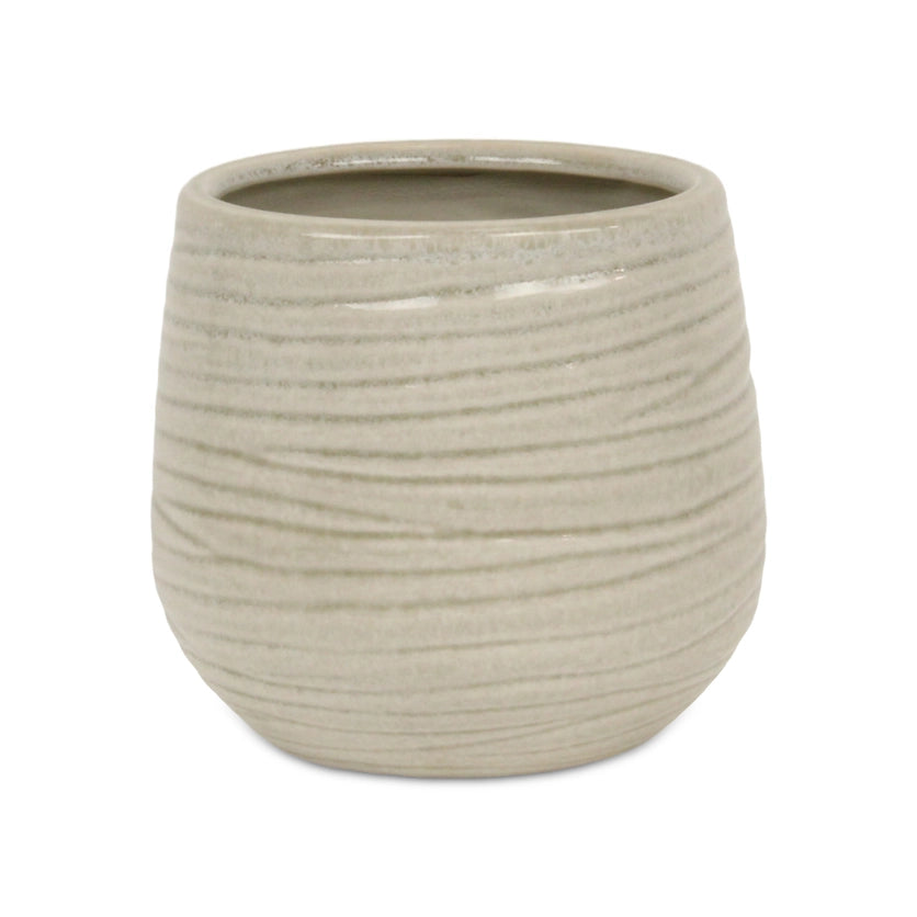 Large Fairloam Round Curved Wave Lined Pattern Ceramic Pot - White